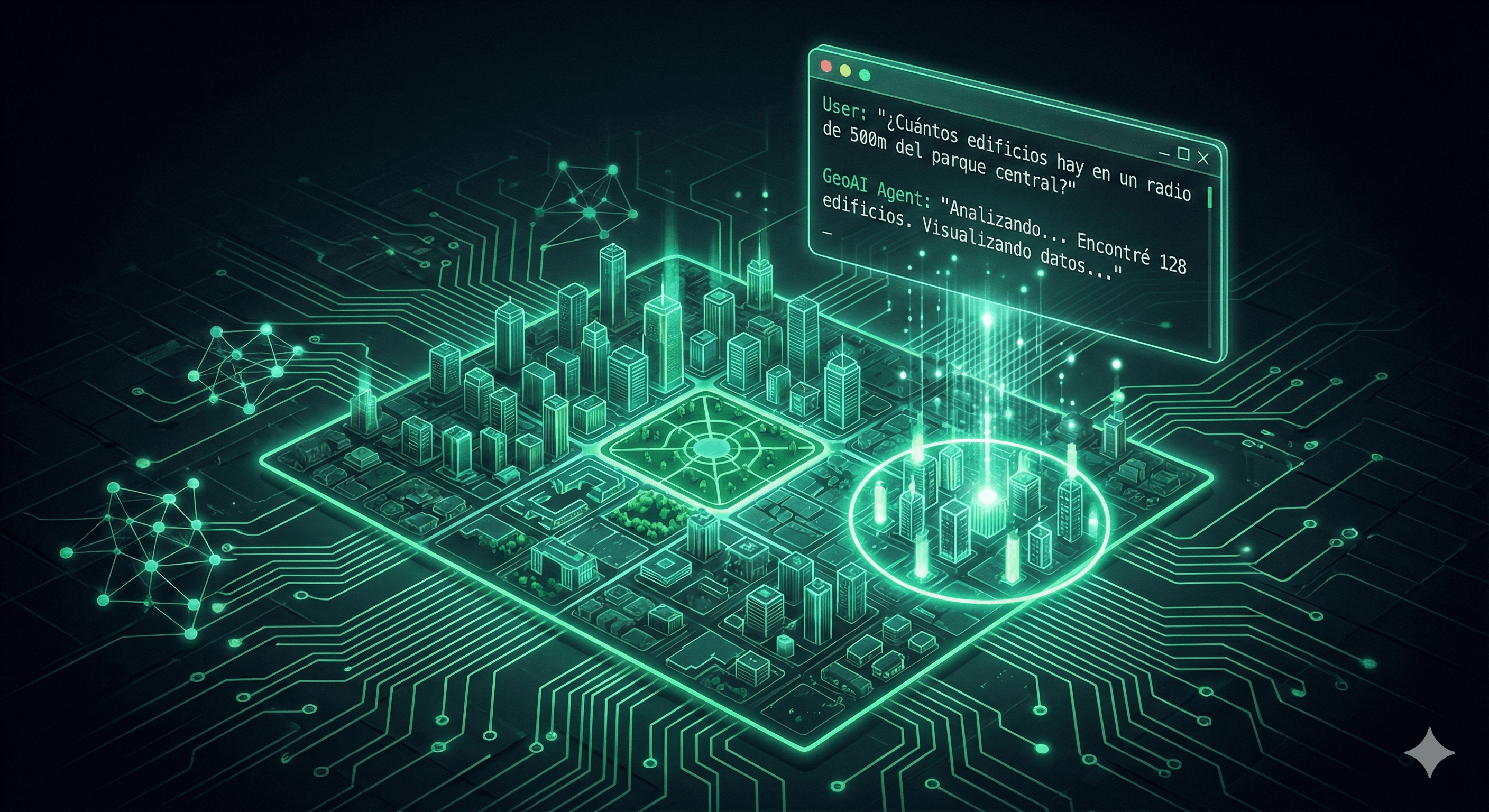 Visualización de agentes IA trabajando con datos geoespaciales