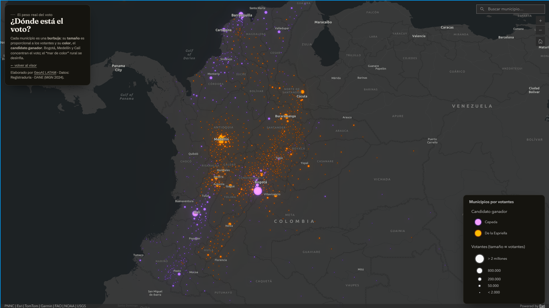 Cartograma: el territorio redimensionado por votantes reales; tres ciudades concentran el grueso del voto.