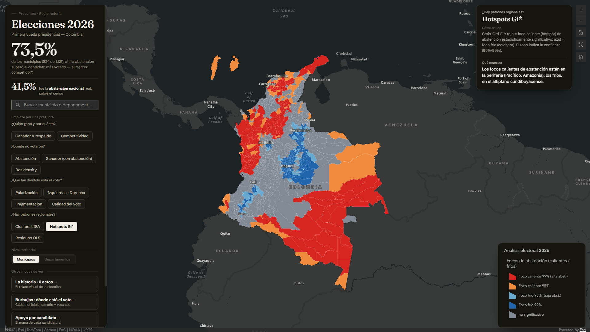 Mapa de hotspots Gi* de la abstención: rojos en la periferia, azules en el altiplano.