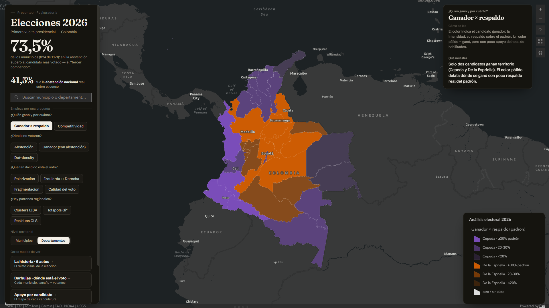 Mapa a escala departamental: grandes bloques de color que promedian regiones enteras.